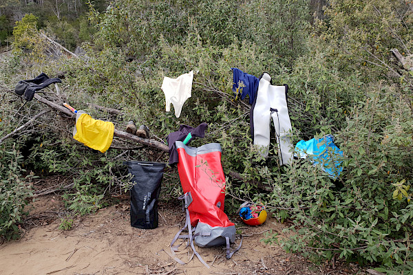 Wetsuits and gear hanging on branches