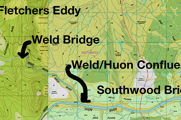 Map showing Fletchers Eddy, Weld Bridge, Weld/Huon Confluence and Southwood Bridge