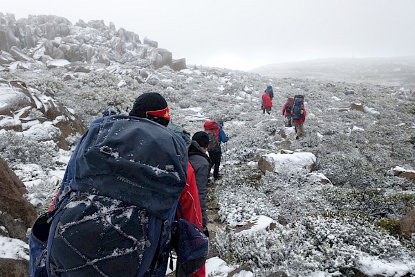 Bushwalkers with big packs in snow conditions