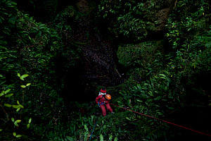 A person abseiling into a cave