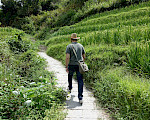 Person walking along a narrow path through a grassy area