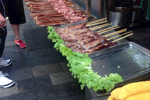 Long table of street food