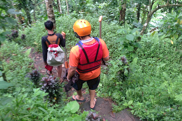 Two people walking on a jungle path